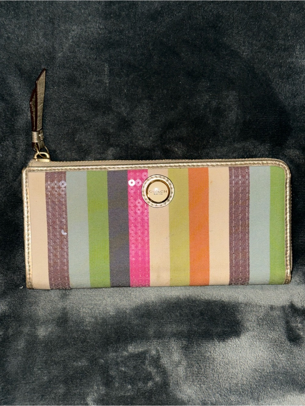 Coach Striped Zip Around Wallet in Green, Pink, Orange, Brown & Tan